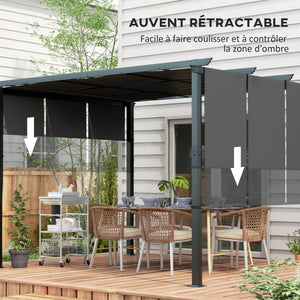 Pergola avec 3 toiles coulissantes 3,5 x 3 x 2,35 m structure acier noir toile polyester haute densité gris foncé