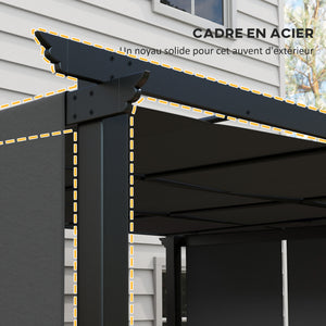 Pergola avec 3 toiles coulissantes 3,5 x 3 x 2,35 m structure acier noir toile polyester haute densité gris foncé