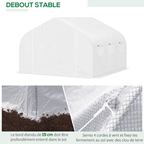 Serre Tunnel de Jardin 3,5 x 3 x 2 m Grande Taille 6 fenêtres en PE Haute densité 140 g/m² Anti-UV avec portes zip enroulables Blanc