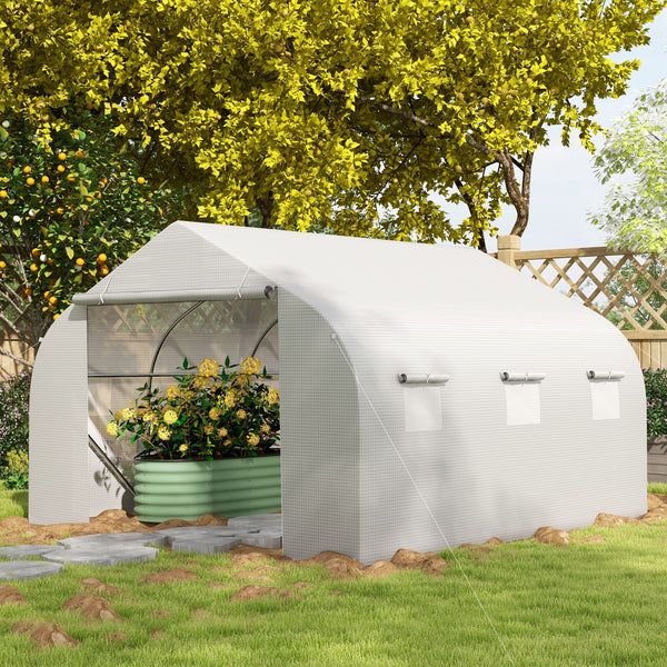 Serre Tunnel de Jardin 3,5 x 3 x 2 m Grande Taille 6 fenêtres en PE Haute densité 140 g/m² Anti-UV avec portes zip enroulables Blanc