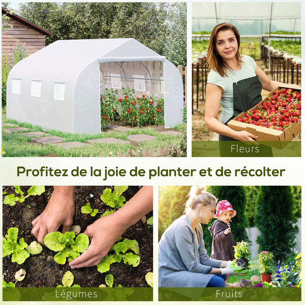 Serre Tunnel de Jardin 3,5 x 3 x 2 m Grande Taille 6 fenêtres en PE Haute densité 140 g/m² Anti-UV avec portes zip enroulables Blanc