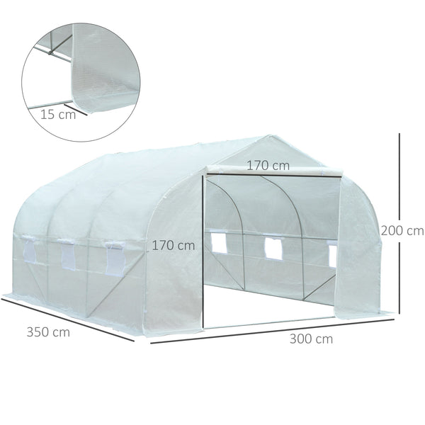 Serre Tunnel de Jardin 3,5 x 3 x 2 m Grande Taille 6 fenêtres en PE Haute densité 140 g/m² Anti-UV avec portes zip enroulables Blanc
