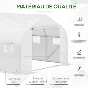 Serre Tunnel de Jardin 3,5 x 3 x 2 m Grande Taille 6 fenêtres en PE Haute densité 140 g/m² Anti-UV avec portes zip enroulables Blanc