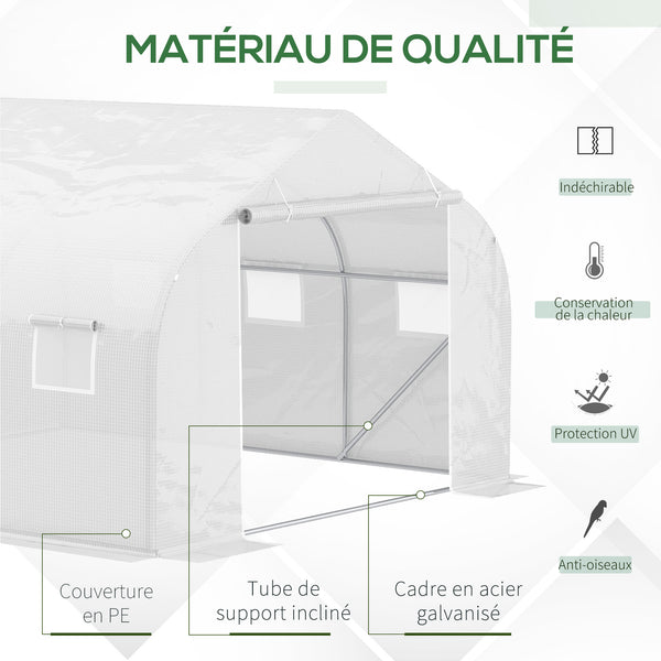 Serre Tunnel de Jardin 3,5 x 3 x 2 m Grande Taille 6 fenêtres en PE Haute densité 140 g/m² Anti-UV avec portes zip enroulables Blanc