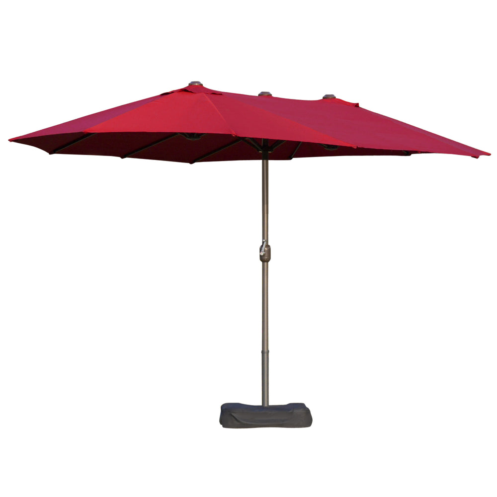 Parasol de jardin exterieur parasol double rectangulaire 4,6L x 2,7l x 2,4H m avec ouverture fermeture manivelle, sacs de lestage et base inclus, pour balcon, piscine, bordeaux