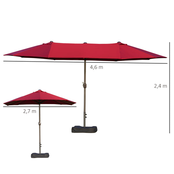 Parasol de jardin exterieur parasol double rectangulaire 4,6L x 2,7l x 2,4H m avec ouverture fermeture manivelle, sacs de lestage et base inclus, pour balcon, piscine, bordeaux