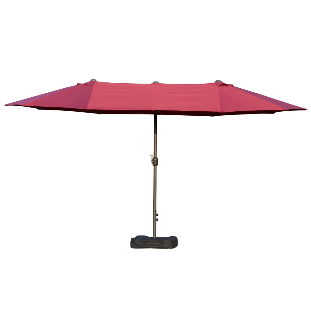 Parasol de jardin exterieur parasol double rectangulaire 4,6L x 2,7l x 2,4H m avec ouverture fermeture manivelle, sacs de lestage et base inclus, pour balcon, piscine, bordeaux