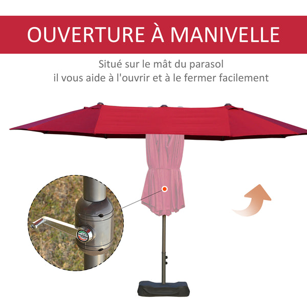 Parasol de jardin exterieur parasol double rectangulaire 4,6L x 2,7l x 2,4H m avec ouverture fermeture manivelle, sacs de lestage et base inclus, pour balcon, piscine, bordeaux