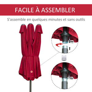 Parasol de jardin exterieur parasol double rectangulaire 4,6L x 2,7l x 2,4H m avec ouverture fermeture manivelle, sacs de lestage et base inclus, pour balcon, piscine, bordeaux