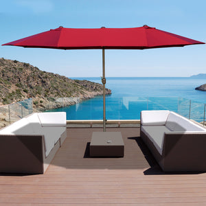Parasol de jardin exterieur parasol double rectangulaire 4,6L x 2,7l x 2,4H m avec ouverture fermeture manivelle, sacs de lestage et base inclus, pour balcon, piscine, bordeaux