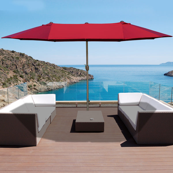 Parasol de jardin exterieur parasol double rectangulaire 4,6L x 2,7l x 2,4H m avec ouverture fermeture manivelle, sacs de lestage et base inclus, pour balcon, piscine, bordeaux