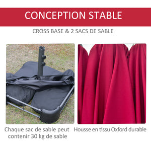 Parasol de jardin exterieur parasol double rectangulaire 4,6L x 2,7l x 2,4H m avec ouverture fermeture manivelle, sacs de lestage et base inclus, pour balcon, piscine, bordeaux