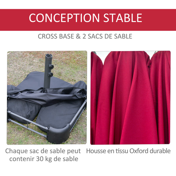Parasol de jardin exterieur parasol double rectangulaire 4,6L x 2,7l x 2,4H m avec ouverture fermeture manivelle, sacs de lestage et base inclus, pour balcon, piscine, bordeaux