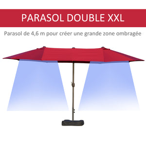 Parasol de jardin exterieur parasol double rectangulaire 4,6L x 2,7l x 2,4H m avec ouverture fermeture manivelle, sacs de lestage et base inclus, pour balcon, piscine, bordeaux