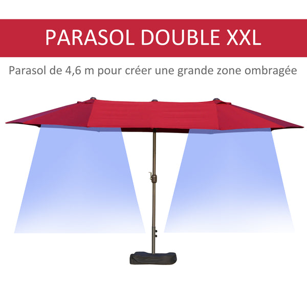 Parasol de jardin exterieur parasol double rectangulaire 4,6L x 2,7l x 2,4H m avec ouverture fermeture manivelle, sacs de lestage et base inclus, pour balcon, piscine, bordeaux