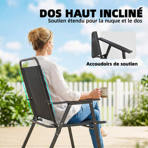 Lot de 4 chaises de jardin pliantes avec accoudoirs, chaises d'extérieur avec assise large en textilène respirant, dossier haut, cadre en acier robuste, pour patio, balcon, terrasse, noir