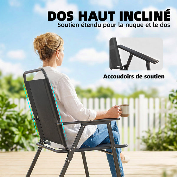 Lot de 4 chaises de jardin pliantes avec accoudoirs, chaises d'extérieur avec assise large en textilène respirant, dossier haut, cadre en acier robuste, pour patio, balcon, terrasse, noir