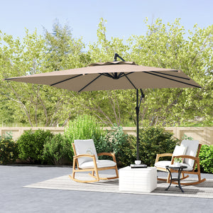 Parasol déporté carré 3 x 3 m, parasol de jardin extérieur avec manivelle, base croisée, parasol inclinable et rotation à 360°, toile polyester 180 g/m², protection UV UPF50+, kaki