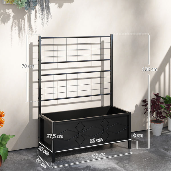 Jardinière avec treillis, lit surélevé de jardin, jardinière extérieure - motif en losanges, trous de drainage, bac à fleurs en acier galvanisée pour balcon terrasse patio, 90x40x120 cm, noir