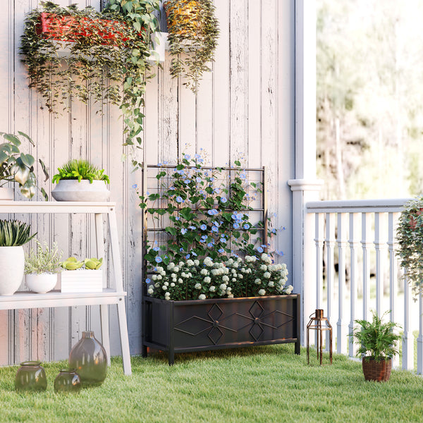 Jardinière avec treillis, lit surélevé de jardin, jardinière extérieure - motif en losanges, trous de drainage, bac à fleurs en acier galvanisée pour balcon terrasse patio, 90x40x120 cm, noir