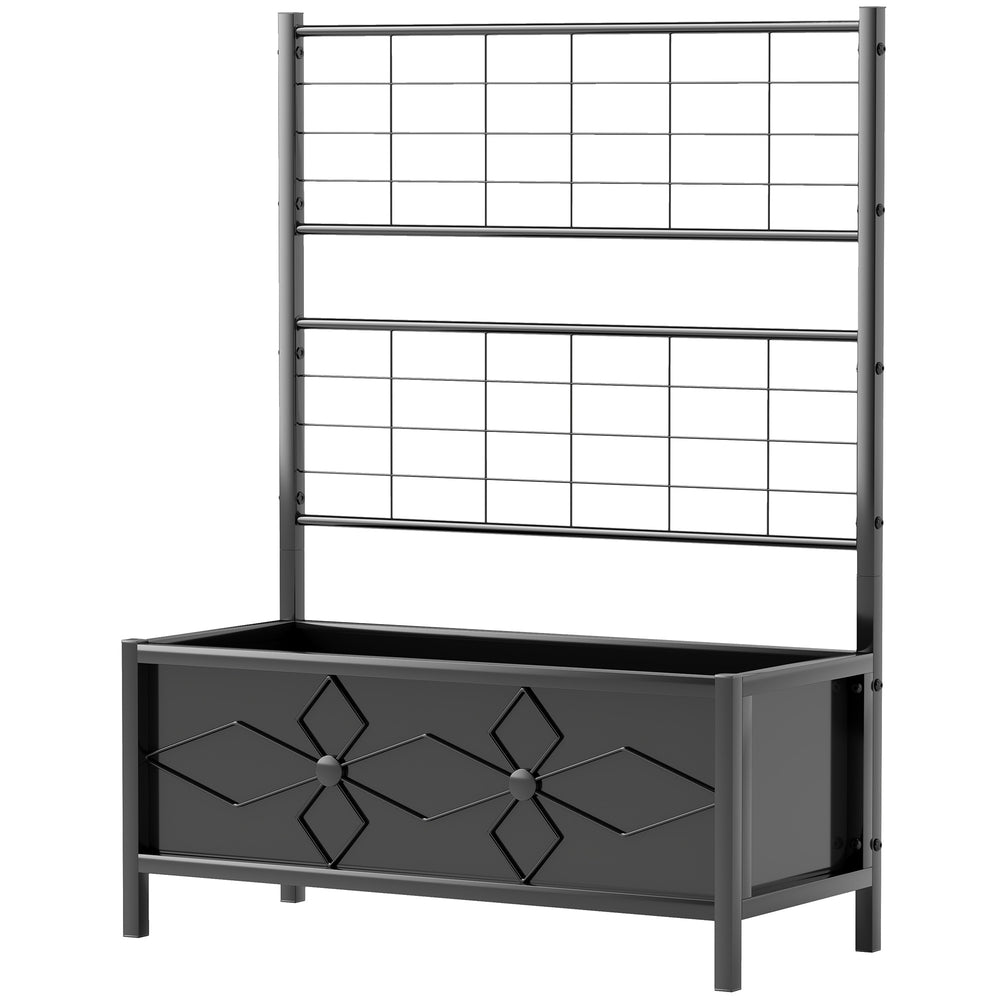 Jardinière avec treillis, lit surélevé de jardin, jardinière extérieure - motif en losanges, trous de drainage, bac à fleurs en acier galvanisée pour balcon terrasse patio, 90x40x120 cm, noir