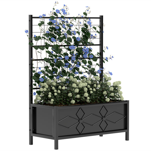 Jardinière avec treillis, lit surélevé de jardin, jardinière extérieure - motif en losanges, trous de drainage, bac à fleurs en acier galvanisée pour balcon terrasse patio, 90x40x120 cm, noir