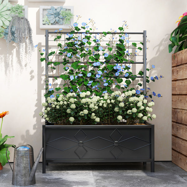 Jardinière avec treillis, lit surélevé de jardin, jardinière extérieure - motif en losanges, trous de drainage, bac à fleurs en acier galvanisée pour balcon terrasse patio, 90x40x120 cm, noir