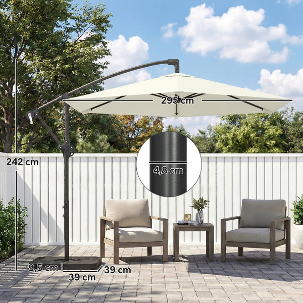 Parasol déporté 3 m avec pied en croix et dalles lestage, parasol de jardin extérieur avec manivelle et loquet de verrouillage, toile polyester 180 g/m², protection UV 30+, crème