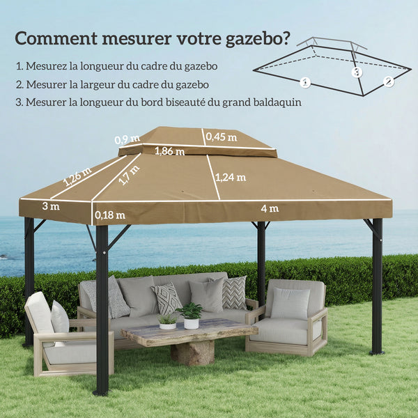 Toile de rechange pour pavillon toile de tonnelle 4 x 3 m, toit double avec trous de drainage, polyester haute densité 370 g/m², protection solaire UPF30+, TOILE INCLUS UNIQUEMENT, beige