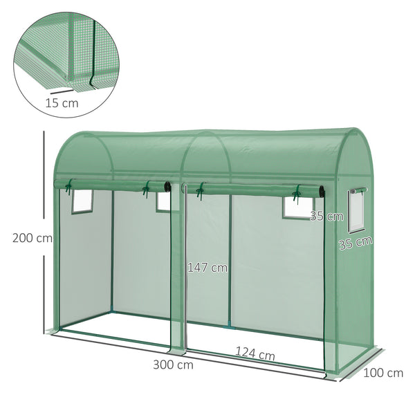 Serre de jardin 3 m² en PE, serre d'extérieur avec bâche renforcée 140 g/m² Anti-UV, châssis en acier, 2 portes zippées déroulantes et 4 fenêtres enroulables, 3 x 1 x 2 m, vert