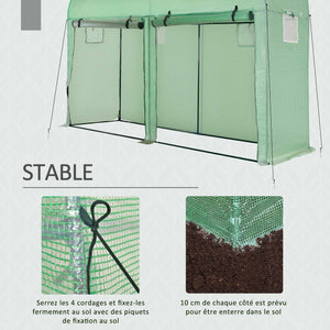 Serre de jardin 3 m² en PE, serre d'extérieur avec bâche renforcée 140 g/m² Anti-UV, châssis en acier, 2 portes zippées déroulantes et 4 fenêtres enroulables, 3 x 1 x 2 m, vert
