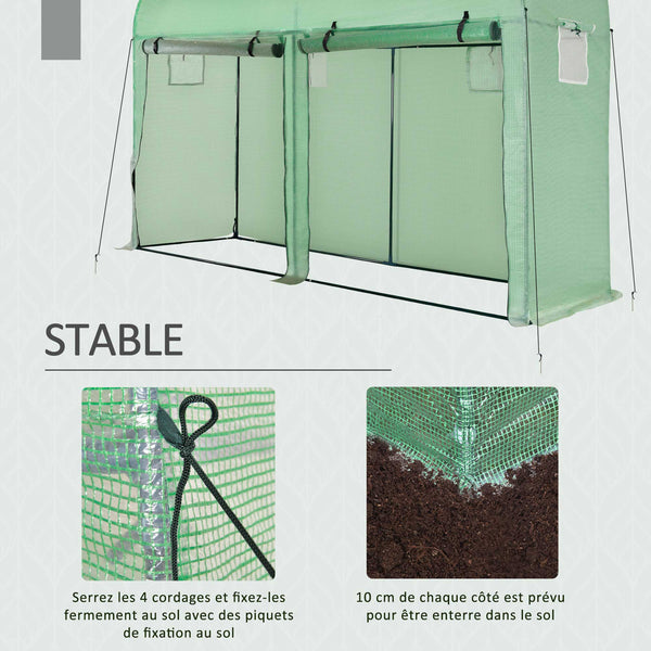 Serre de jardin 3 m² en PE, serre d'extérieur avec bâche renforcée 140 g/m² Anti-UV, châssis en acier, 2 portes zippées déroulantes et 4 fenêtres enroulables, 3 x 1 x 2 m, vert