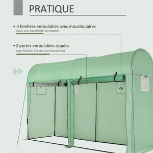Serre de jardin 3 m² en PE, serre d'extérieur avec bâche renforcée 140 g/m² Anti-UV, châssis en acier, 2 portes zippées déroulantes et 4 fenêtres enroulables, 3 x 1 x 2 m, vert