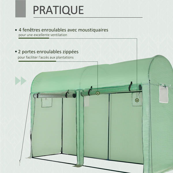 Serre de jardin 3 m² en PE, serre d'extérieur avec bâche renforcée 140 g/m² Anti-UV, châssis en acier, 2 portes zippées déroulantes et 4 fenêtres enroulables, 3 x 1 x 2 m, vert