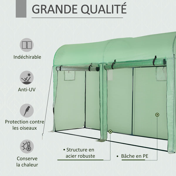 Serre de jardin 3 m² en PE, serre d'extérieur avec bâche renforcée 140 g/m² Anti-UV, châssis en acier, 2 portes zippées déroulantes et 4 fenêtres enroulables, 3 x 1 x 2 m, vert