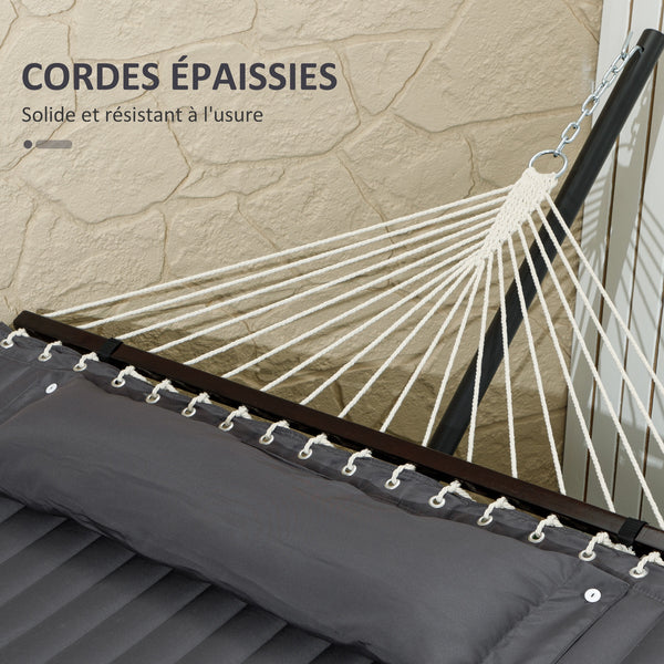 Hamac sur pied avec oreiller, hamac avec support acier, avec barres d'écartement, pour camping en plein air, plage, gris foncé