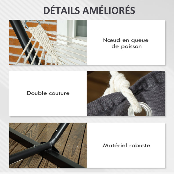 Hamac sur pied avec oreiller, hamac avec support acier, avec barres d'écartement, pour camping en plein air, plage, gris foncé