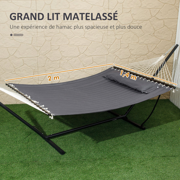 Hamac sur pied avec oreiller, hamac avec support acier, avec barres d'écartement, pour camping en plein air, plage, gris foncé