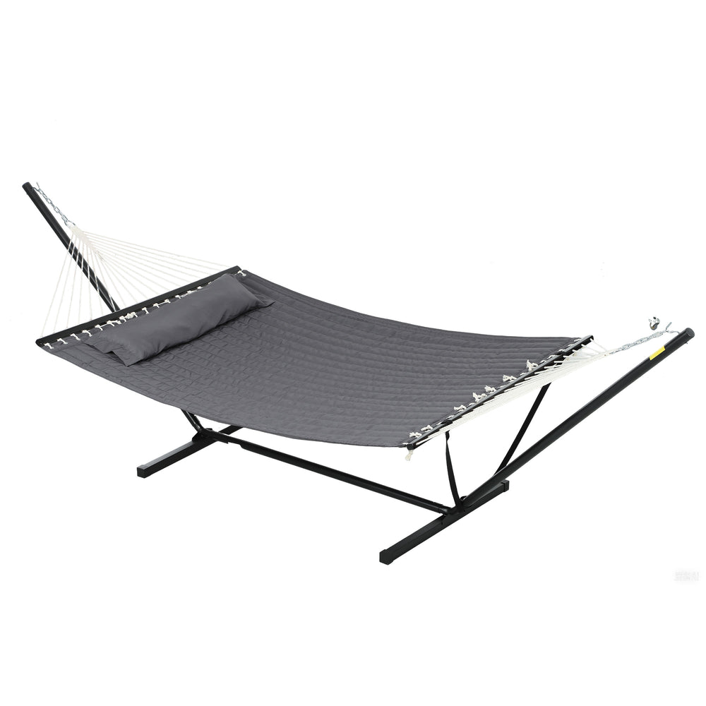 Hamac sur pied avec oreiller, hamac avec support acier, avec barres d'écartement, pour camping en plein air, plage, gris foncé