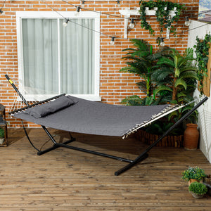 Hamac sur pied avec oreiller, hamac avec support acier, avec barres d'écartement, pour camping en plein air, plage, gris foncé