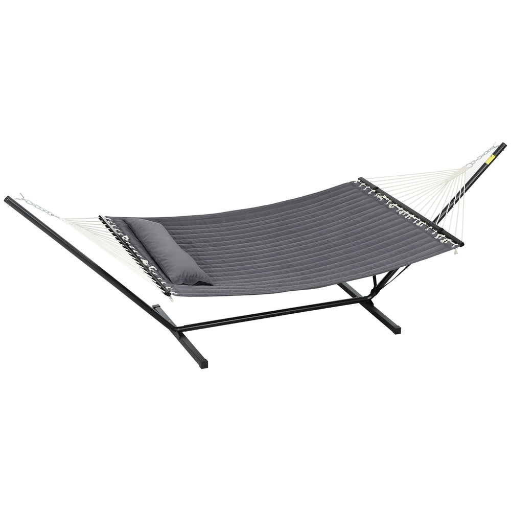 Hamac sur pied avec oreiller, hamac avec support acier, avec barres d'écartement, pour camping en plein air, plage, gris foncé