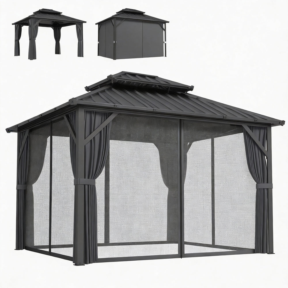 Pavillon 3 x 3,6 m avec Toit Rigide en Acier Galvanisé, Protection UPF50+, Cadre en Aluminium, Rideaux et Moustiquaire, Crochet de Plafond, Gris Foncé