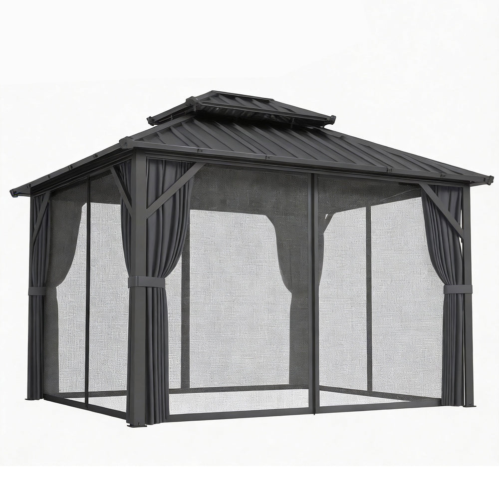 Pavillon 3 x 3,6 m avec Toit Rigide en Acier Galvanisé, Protection UPF50+, Cadre en Aluminium, Rideaux et Moustiquaire, Crochet de Plafond, Gris Foncé