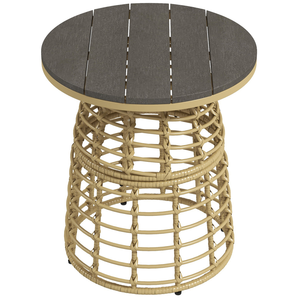 Table basse de jardin, table d'appoint extérieur ronde en résine aspect rotin métal et plateau composite, Ø 45 x 50 cm naturel