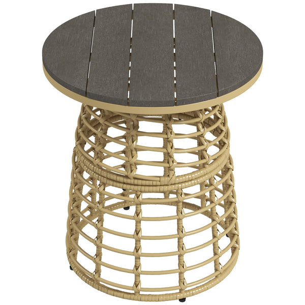 Table basse de jardin, table d'appoint extérieur ronde en résine aspect rotin métal et plateau composite, Ø 45 x 50 cm naturel