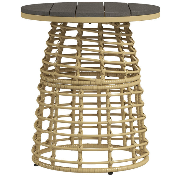 Table basse de jardin, table d'appoint extérieur ronde en résine aspect rotin métal et plateau composite, Ø 45 x 50 cm naturel