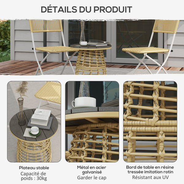 Table basse de jardin, table d'appoint extérieur ronde en résine aspect rotin métal et plateau composite, Ø 45 x 50 cm naturel