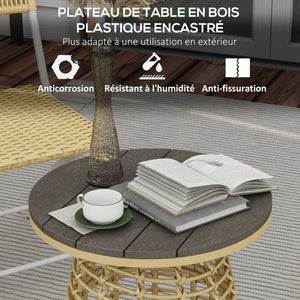 Table basse de jardin, table d'appoint extérieur ronde en résine aspect rotin métal et plateau composite, Ø 45 x 50 cm naturel