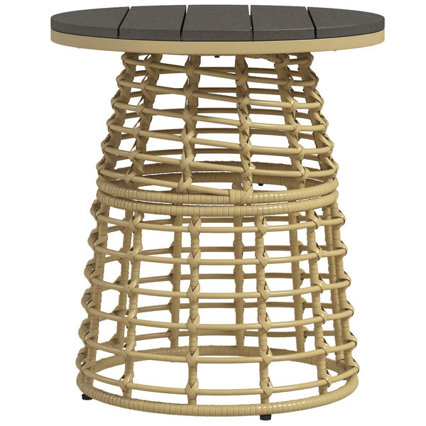 Table basse de jardin, table d'appoint extérieur ronde en résine aspect rotin métal et plateau composite, Ø 45 x 50 cm naturel