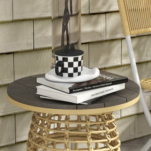 Table basse de jardin, table d'appoint extérieur ronde en résine aspect rotin métal et plateau composite, Ø 45 x 50 cm naturel